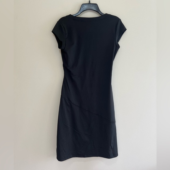 Athleta Nectar Faux Wrap Black Dress w/ Cap Sleeves, Ruching, Surplice Neck, S - Picture 4 of 8